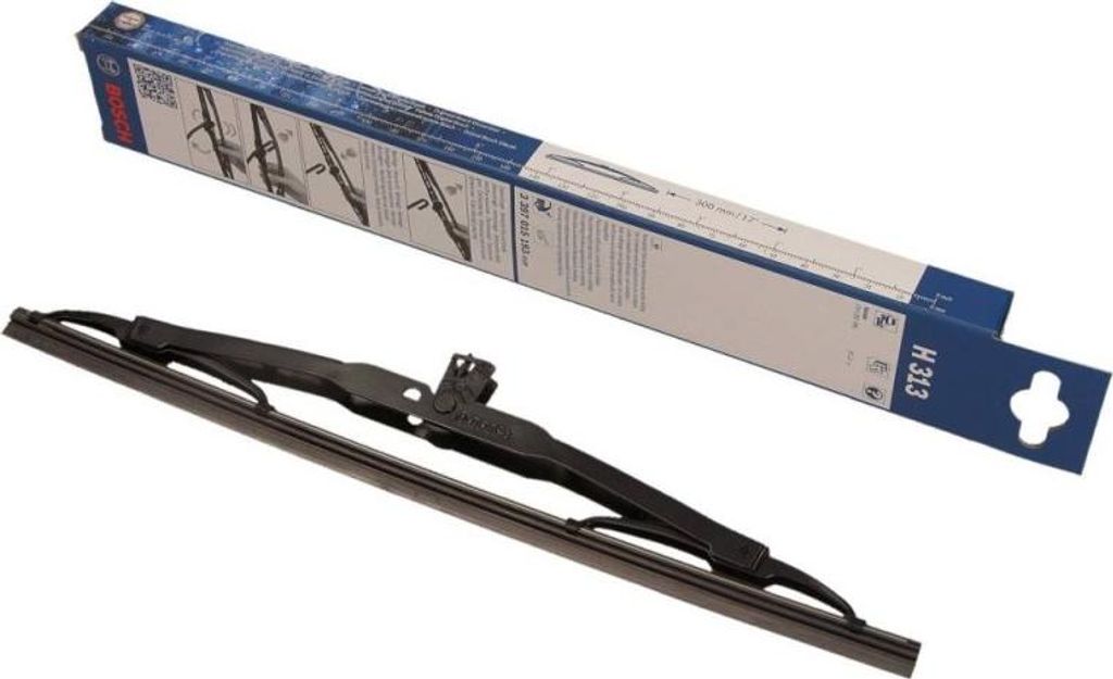 A Bosch windshield wiper and its packaging are displayed against a white background.