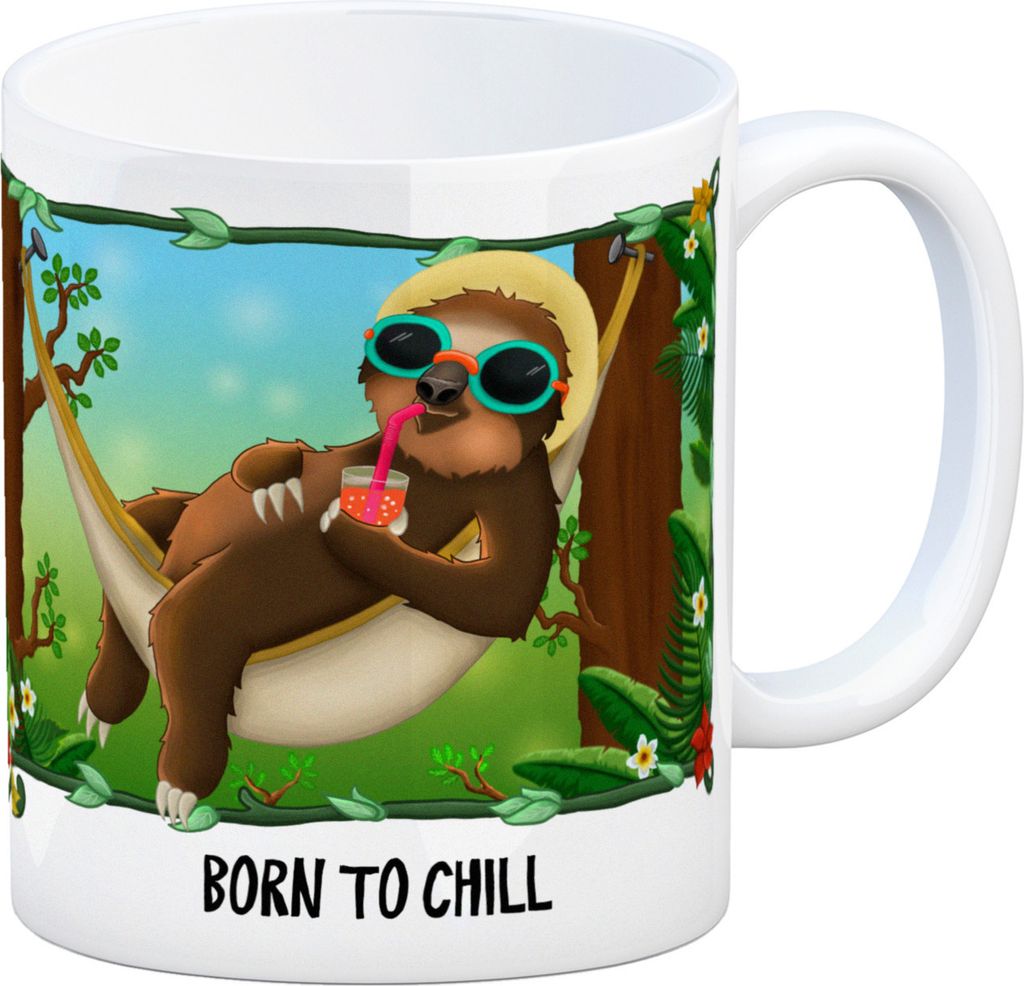 Kaffeebecher mit Faultier in Hängematte Motiv und Spruch: Born to chill Becher