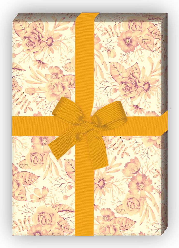 Klassisch elegantes Geschenkpapier mit Blumen und Blüten Dekor, beige - G10147, 32 x 48cm