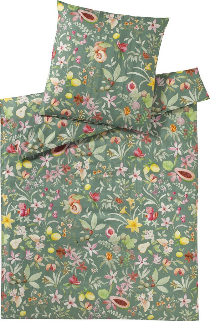 elegante Mako-Satin Bettwäsche Fruits salbei 155x220 cm + 80x80 cm