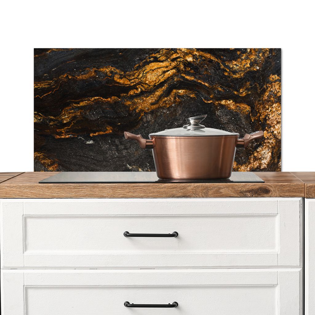 KitchenYeah Spritzschutz Küche - Küchenrückwand - Wandschutz für Herd und Spüle - Marmor - Limette - Schwarz - Gold - Marmoroptik - Luxus 80...