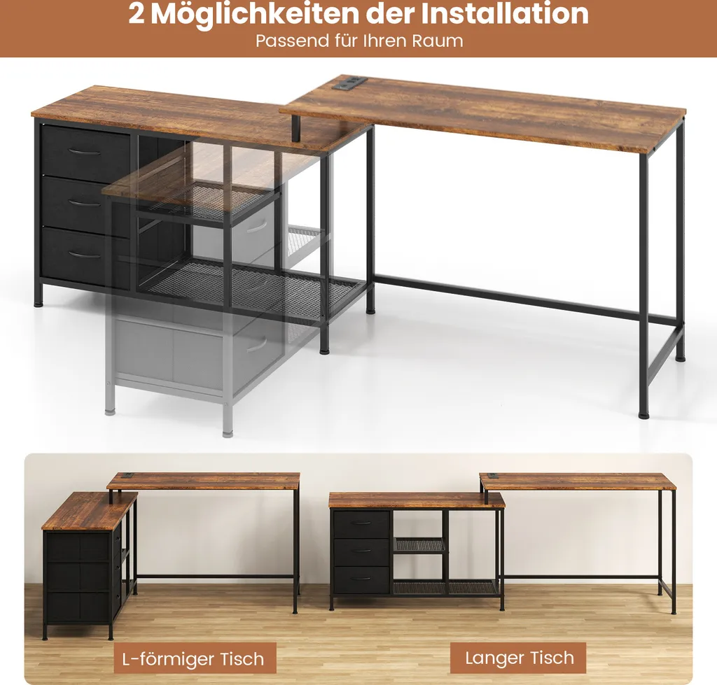 Bureau d'angle réversible 205cm : Solution rangement + Prises 3 tiroirs - 7