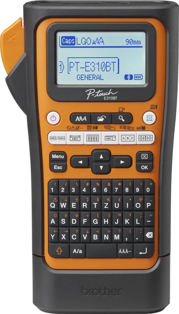 A close-up studio shot of a Brother P-Touch PT-E310BT label maker.