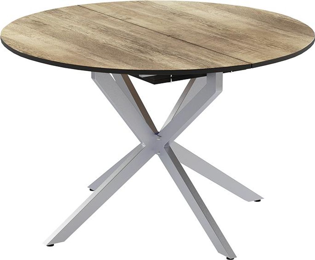 A round dining table with a wood-look top and a metal base.