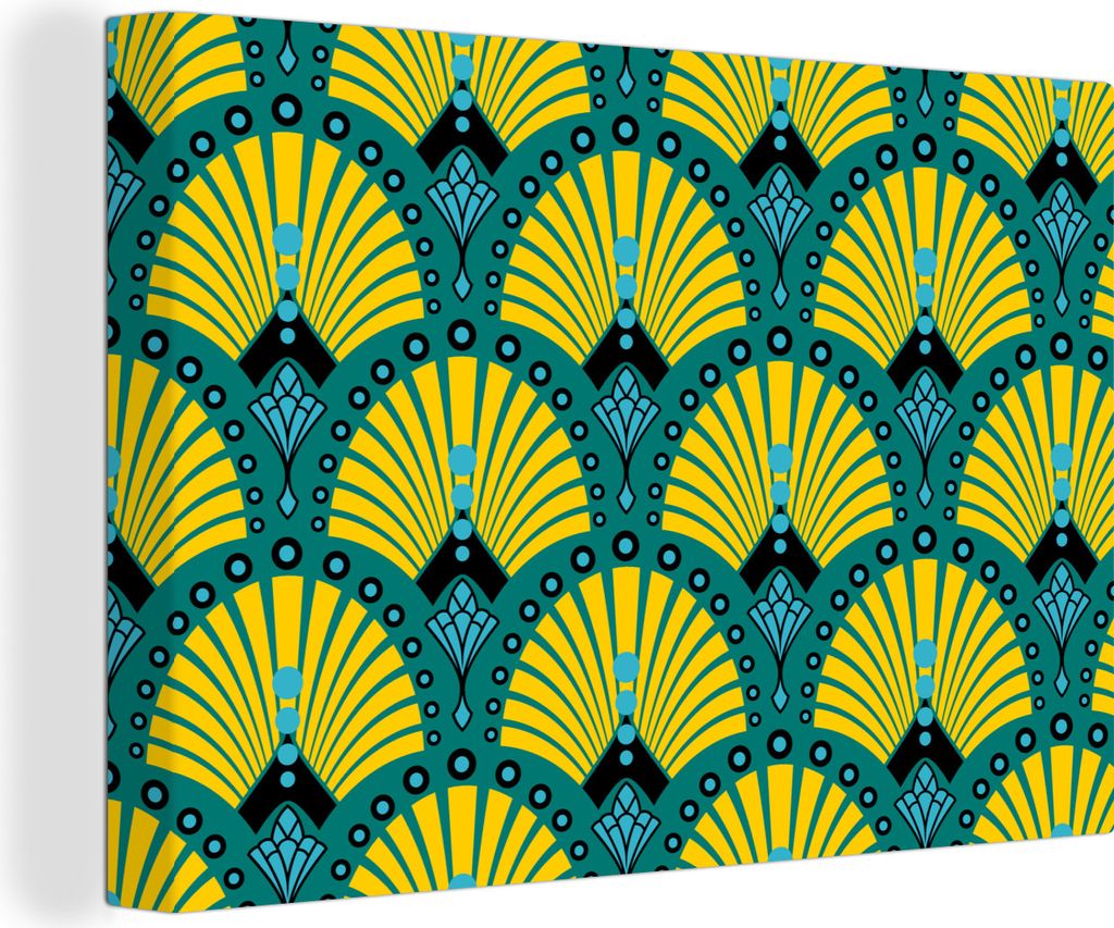 OneMillionCanvasses - Leinwandbilder - 140x90 cm, Art Deco - Muster - Blau - Gelb, Wandbilder Kunstdruck Wanddekoration - Foto auf Leinwand - Gem...