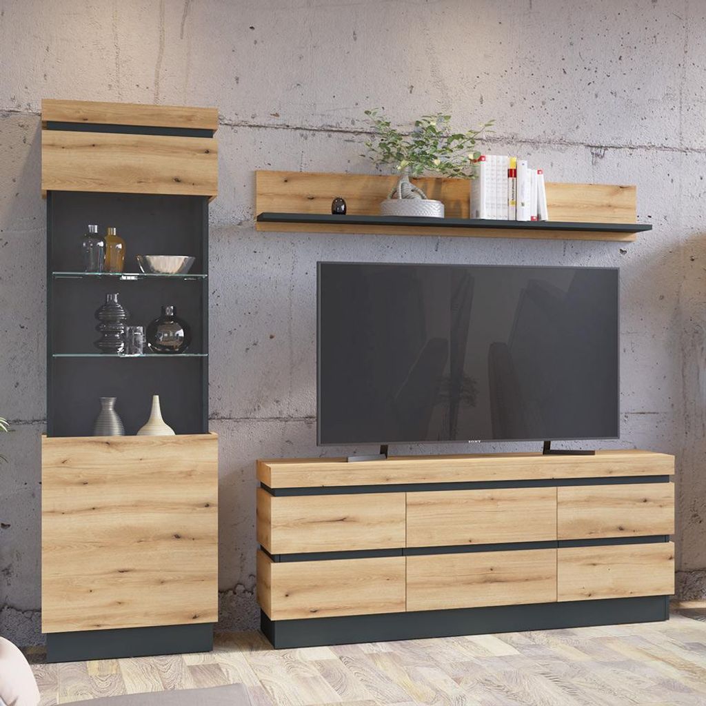 Wohnwand in Eiche modern 240 cm, mit Vitrine, Wandboard & Lowboard, inkl. LED-Beleuchtung, 3-teilig - COLCHESTER-129