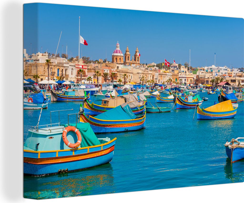 OneMillionCanvasses - Leinwandbilder - 140x90 cm, Bunte Boote im Hafen von Marsaxlokk, Malta, Wandbilder Kunstdruck Wanddekoration - Foto auf Lei...
