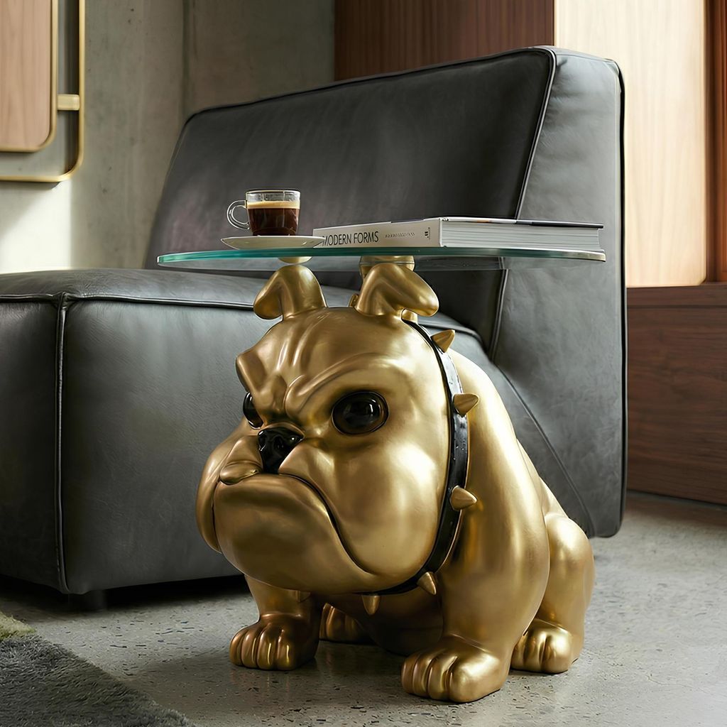 riess-ambiente Couchtisch BULLDOG 55cm gold rund Polyresin Hunde-Skulptur Glasplatte