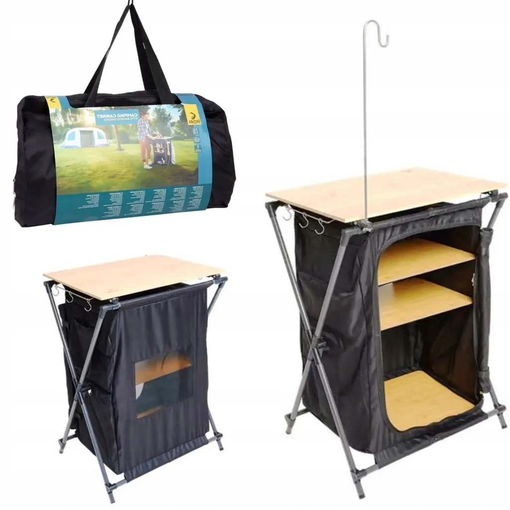 Meuble de cuisine de camping avec étagère et plan de travail en bambou