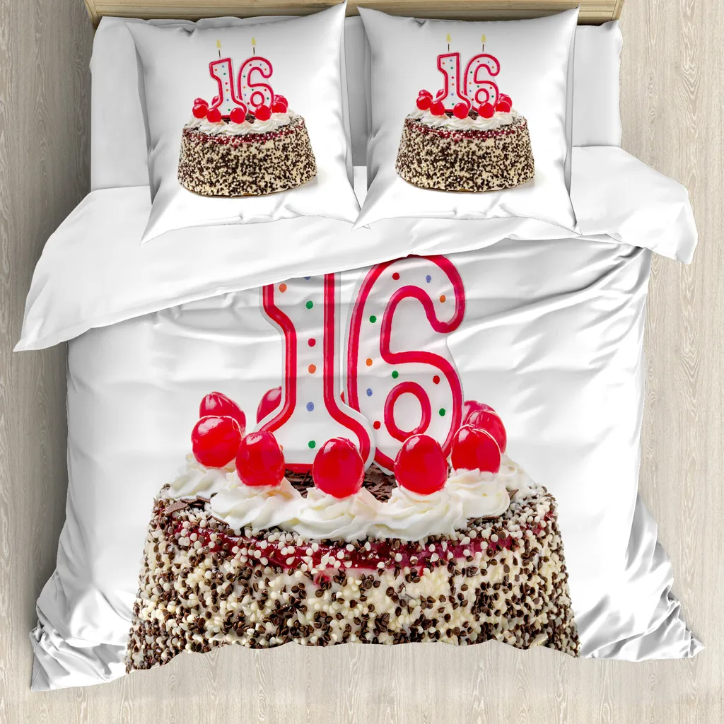 ABAKUHAUS 16° compleanno Copripiumino, candeline per torta ciliegia, antiacaro, adatto a chi soffre di allergie, con federe, 200 cm x 200 cm - 80 x 80 cm, multicolore