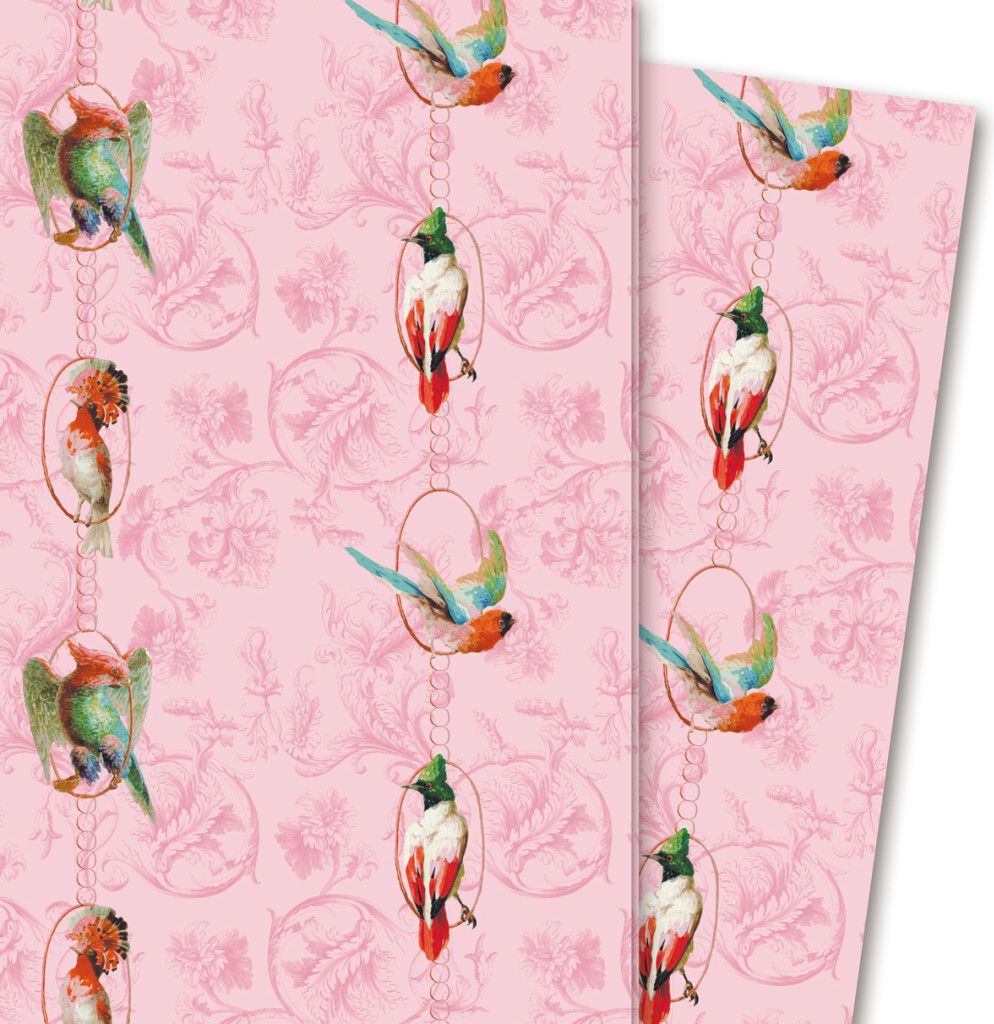 Klassisches Geschenkpapier Birds on a String mit Papageien, rosa - G4244, 32 x 48cm