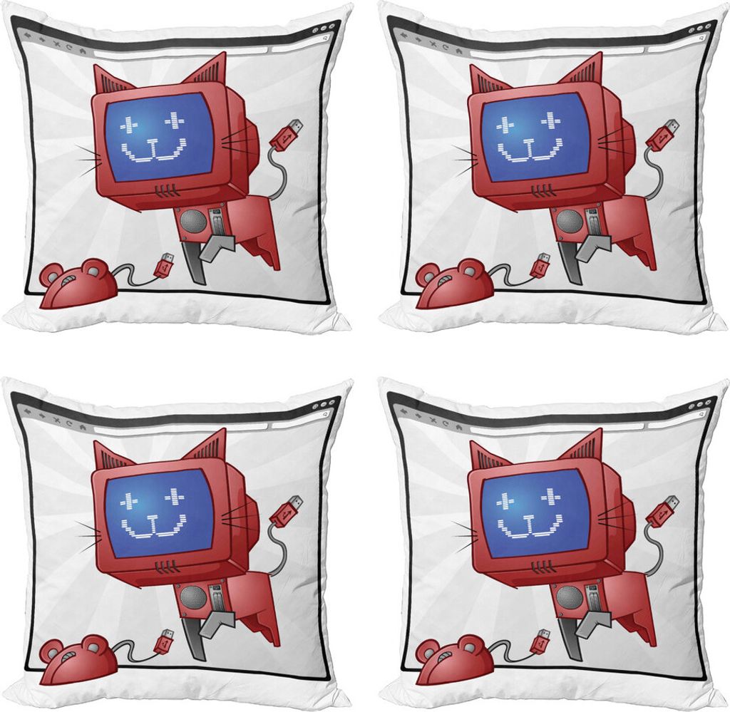 ABAKUHAUS Wunderlich Kissenbezug Set (4 Stück), Lustige Computer-Katze-Maus, Moderner Doppelseitiger Digitaldruck, 45 cm x 45 cm, Maroon Royal Blue