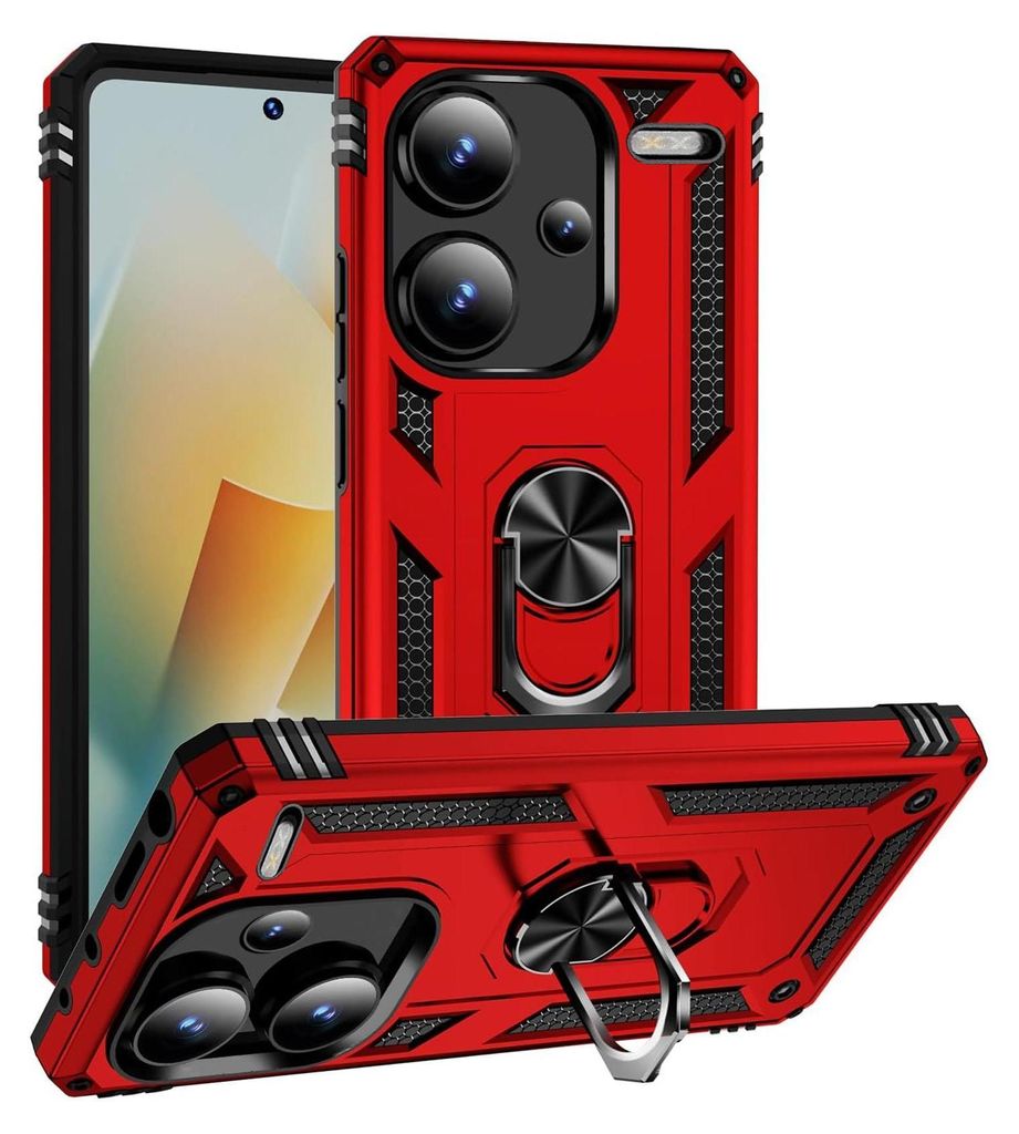A red phone case with a ring holder is shown from multiple angles against a white background.