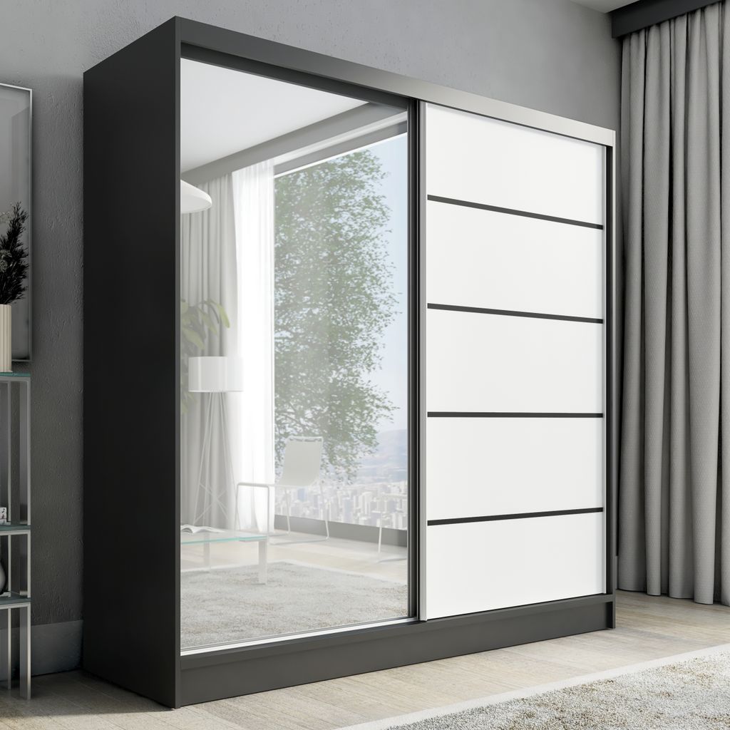 Schwebetürenschrank, 2-türig Schrank mit Spiegel NERO 2 200 cm Schwarz / weiß