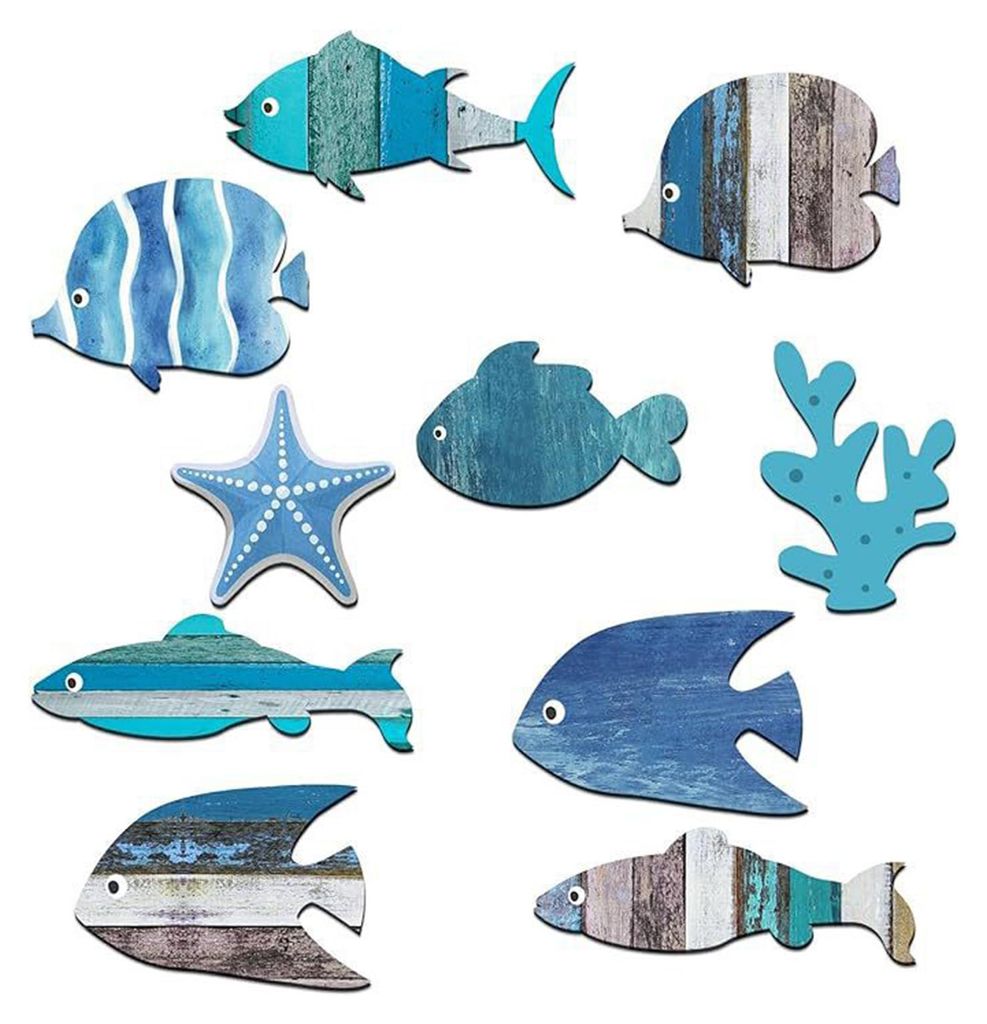 10-teiliges sommerliches Küstenfisch-Wanddekor im Vintage-Landhausstil, Meeresfisch-Wandkunst, nautische Strand-Thematik, Hängedekoration für Zu...