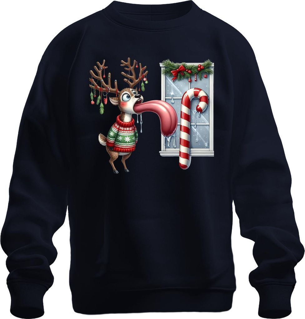 Weihnachtsrentier lange Zunge Zuckerstange lustig Eiszapfen ugly Uni Sweatshirt Pullover, Navy, S