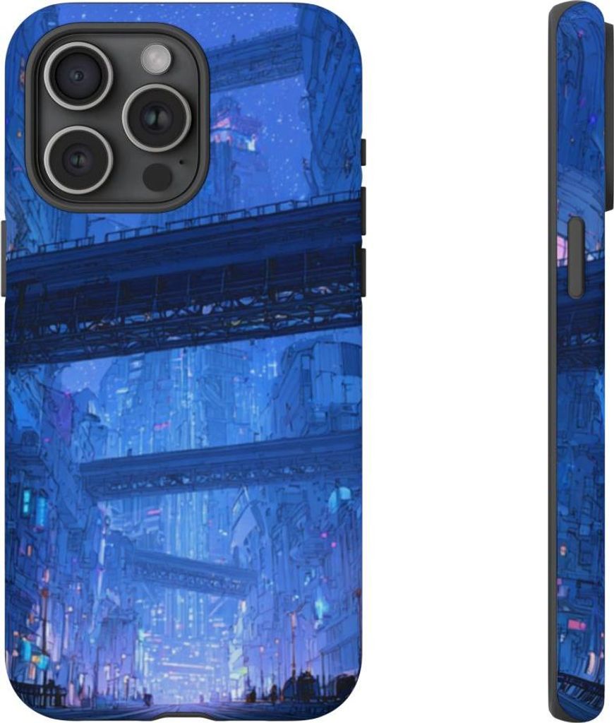 Futuristische blaue Großstadt – Hülle Kompatibel mit iPhone 15 Pro Max