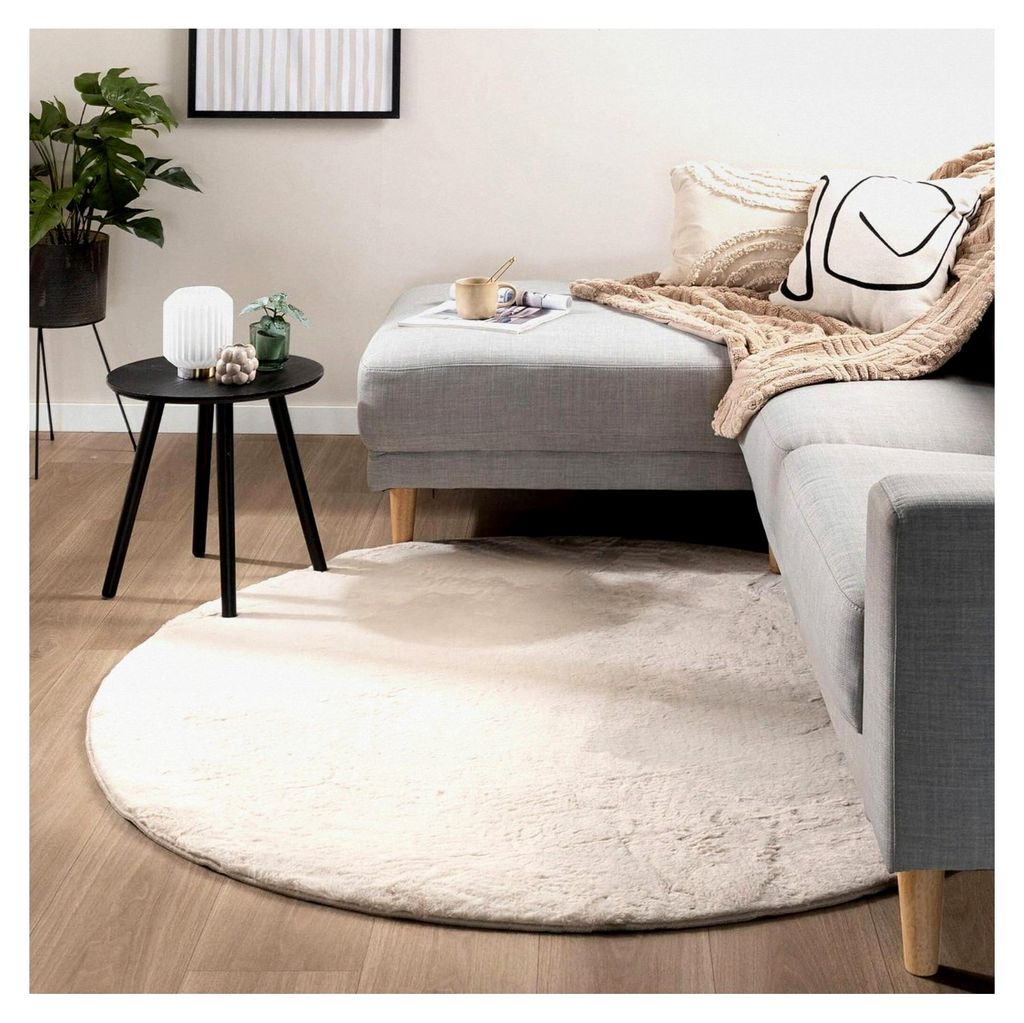 Runder Teppich - Creme - Polyester - Kurzflor - Einfarbig - Waschmaschinengeeignet - Modern - Wohnzimmer, Esszimmer, Kinderzimmer, Schlafzimmer