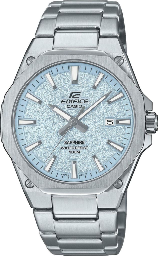 A close-up studio shot of a silver Casio Edifice watch with a light blue textured dial.