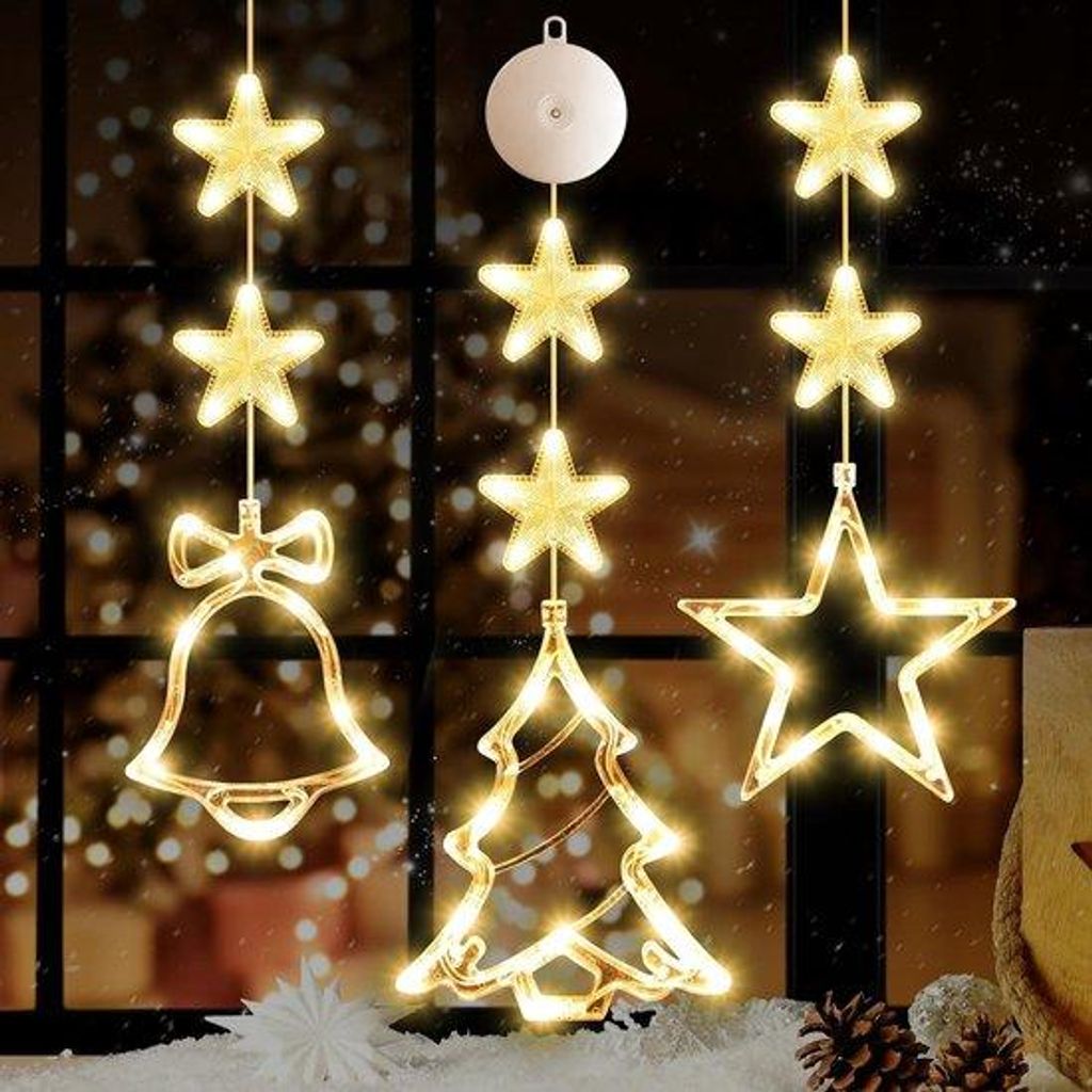 3-teilige Weihnachts Fensterleuchten – Batteriebetrieben Warme Weiß LED's (Baum/Uhr/Stern) – Saugknöpfe Dekoration für Weihnachtsbaum/Kachel...