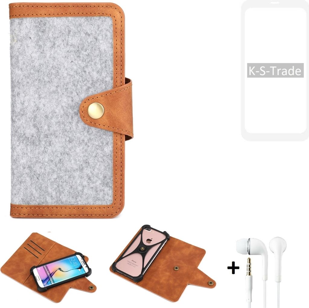 K-S-Trade Handyhülle + Kopfhörer kompatibel mit OnePlus OnePlus 8 Schutzhülle Filz Hülle Kunstleder hellgrau braun (1x)