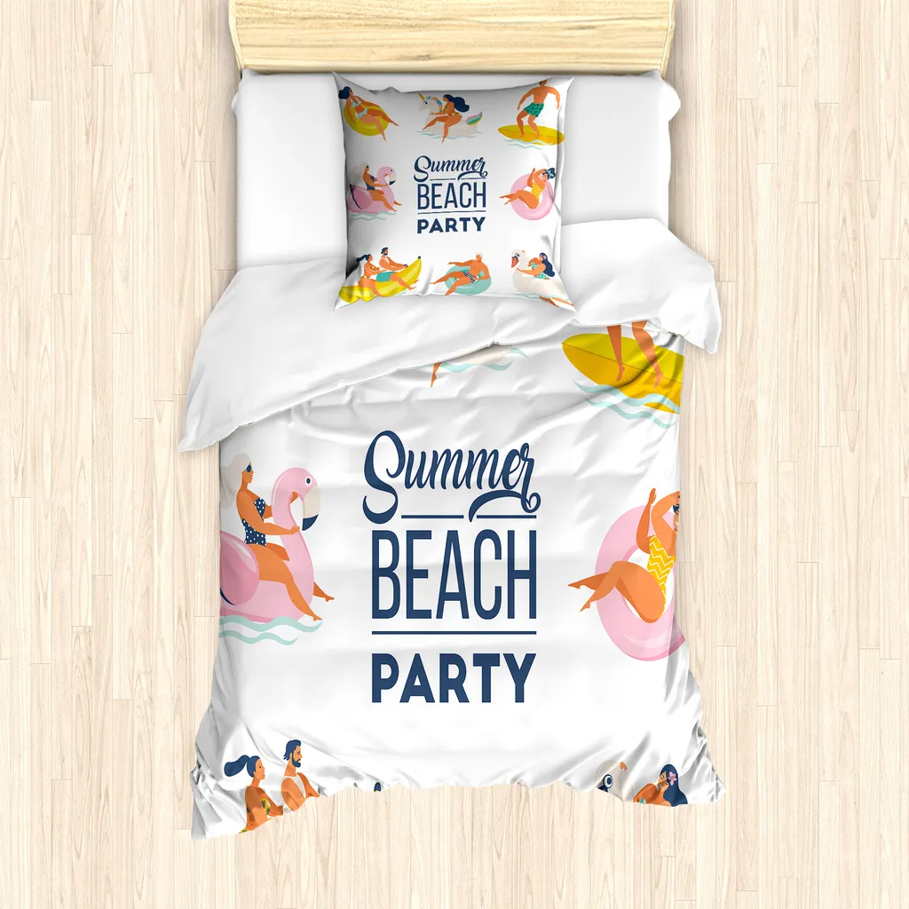 Set copripiumino ABAKUHAUS Pool Party per letti singoli, Doodle Estate, divertimento assicurato, antiacaro, adatto a chi soffre di allergie, con federa, 135 cm x 200 cm - 80 x 80 cm, multicolore
