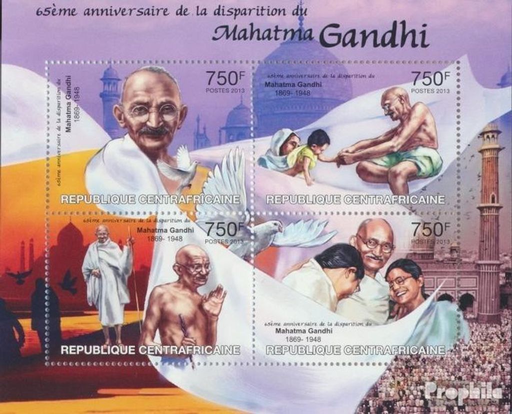 Briefmarken Zentralafrikanische Republik 2013 Mi 4012-4015 Kleinbogen (kompl.Ausg.) postfrisch Mahatma Gandhi