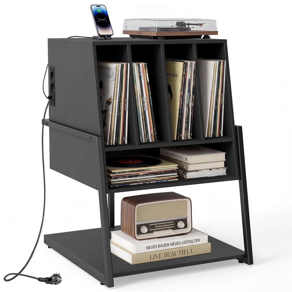 COSTWAY Plattenspielerständer, Schallplattentisch mit Ladestation, Tischplatte, 4 Trennwänden & Regal, Schallplattenständer, 54x57x76,5 cm, Schwarz