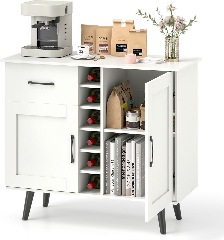 COSTWAY Sideboard Buffet Schrank, moderner Weinbar Schrank mit 6-Flaschen Weinregal, 1 Schublade, 2 Türen & 2 verstellbare Regale Weiß
