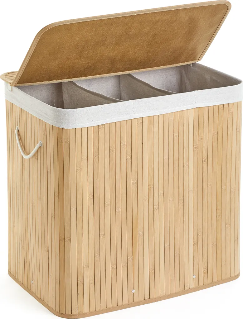 Fini le Tri ! Panier à Linge 150L Bambou 3 Compartiments Séparés - Zen