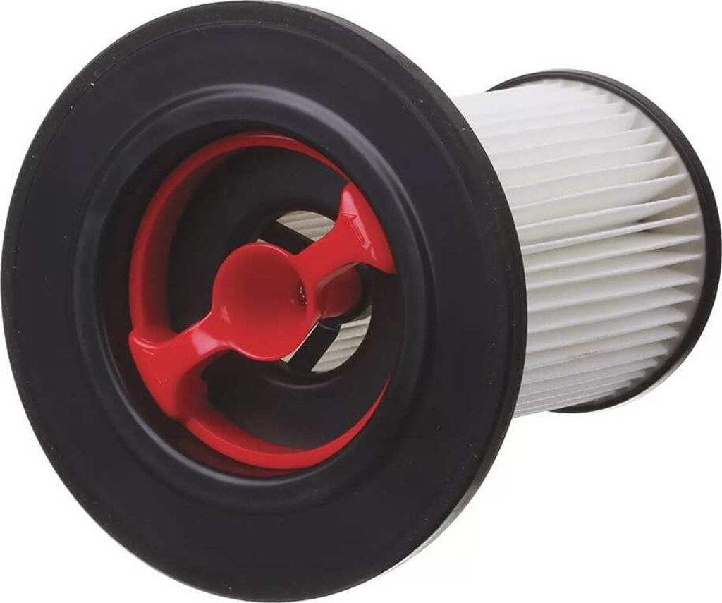 Close-up of a vacuum cleaner HEPA filter with a black outer rim and a red central component.