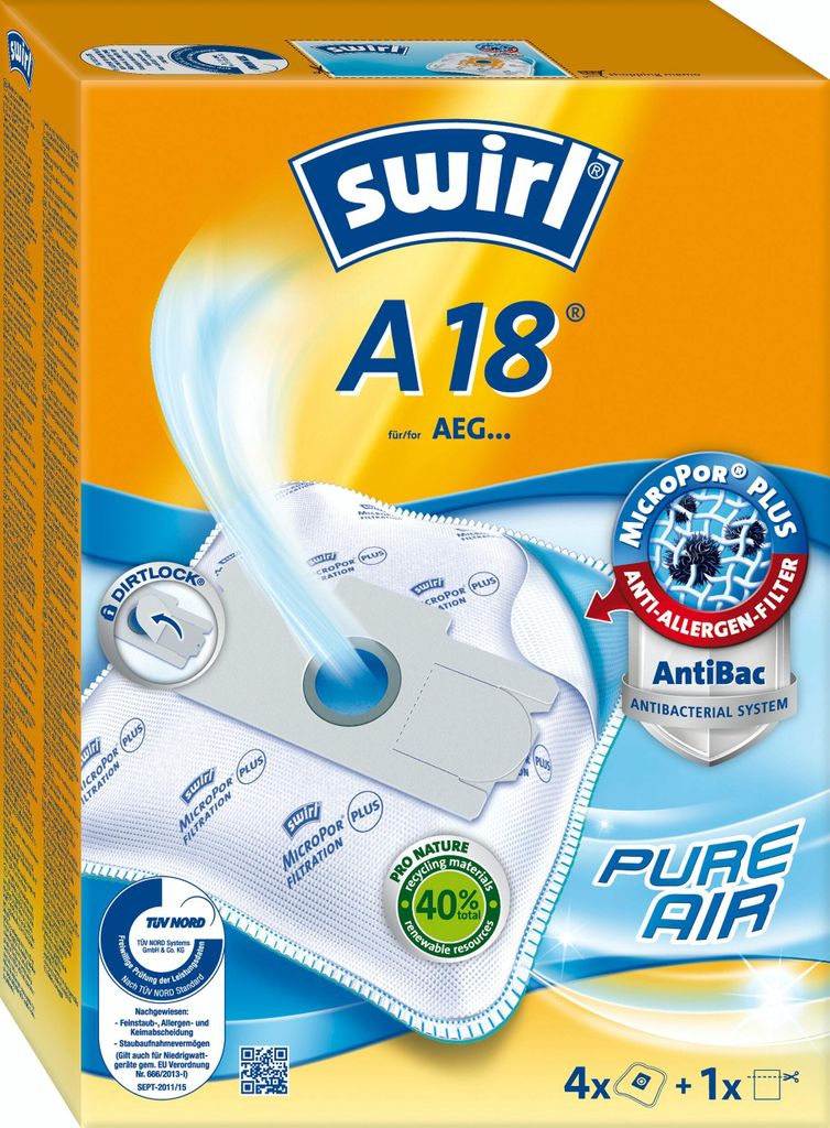 A product package of Swirl A 18 vacuum cleaner bags.