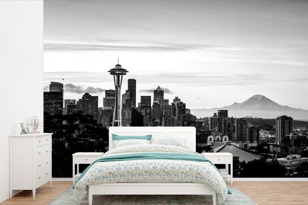 MuchoWow Fototapete für Wohnzimmer oder Schlafzimmer Wandtapete Vinyl Motivtapete Skyline von Seattle mit der Space Needle - schwarz und weiß -...