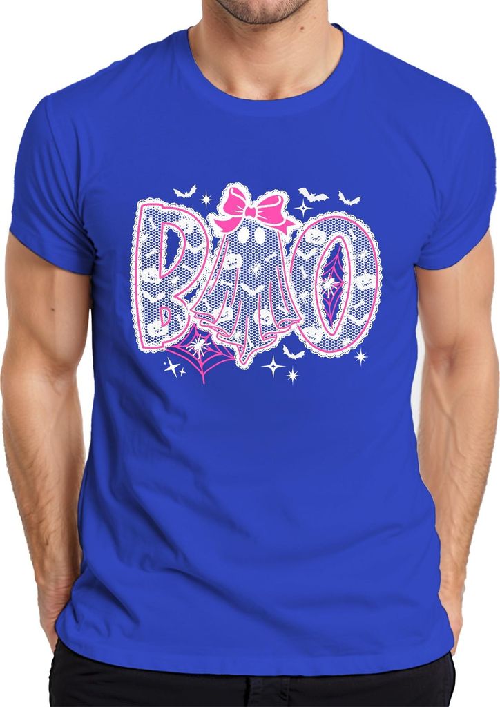 BOO Süßer Geist mit Schleife Halloween Rosa Spitze Fledermäuse Herren T-Shirt, Blau, S