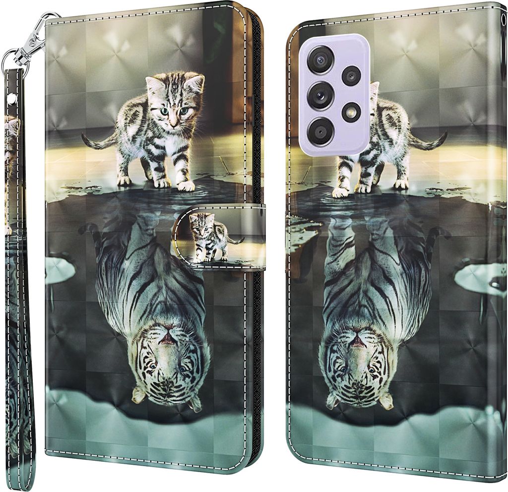 CLM-Tech Hülle kompatibel mit Samsung Galaxy A23 5G - Tasche aus Kunstleder - Klapphülle mit Ständer und Kartenfächern, Katze Tiger grau