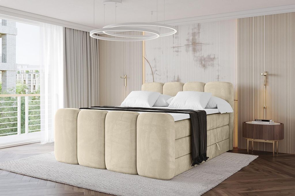 ALTDECOR Boxspringbett mit Fußteil - NINA-Z KING - 140x200 Beige Monolith- Komplett-Set mit H3 und H4 Matratzen und Topper, Polsterbett mit Bettk...