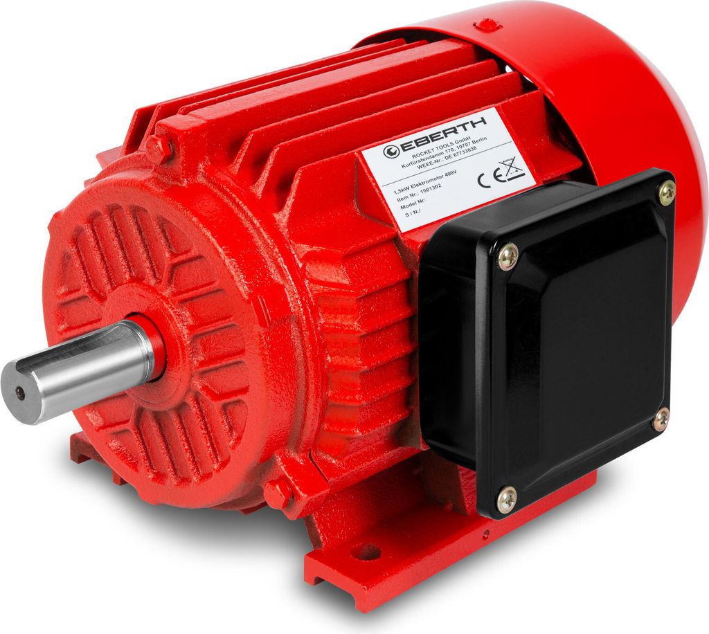 A red electric motor is shown in a studio setting against a white background.