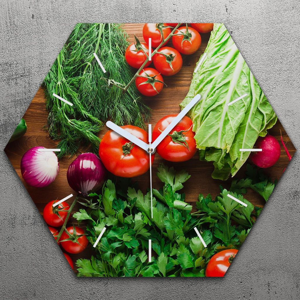 Uhr hexagonal 40 cm Glas Geräuschlos weiße Zeiger - Gemüse Farbige