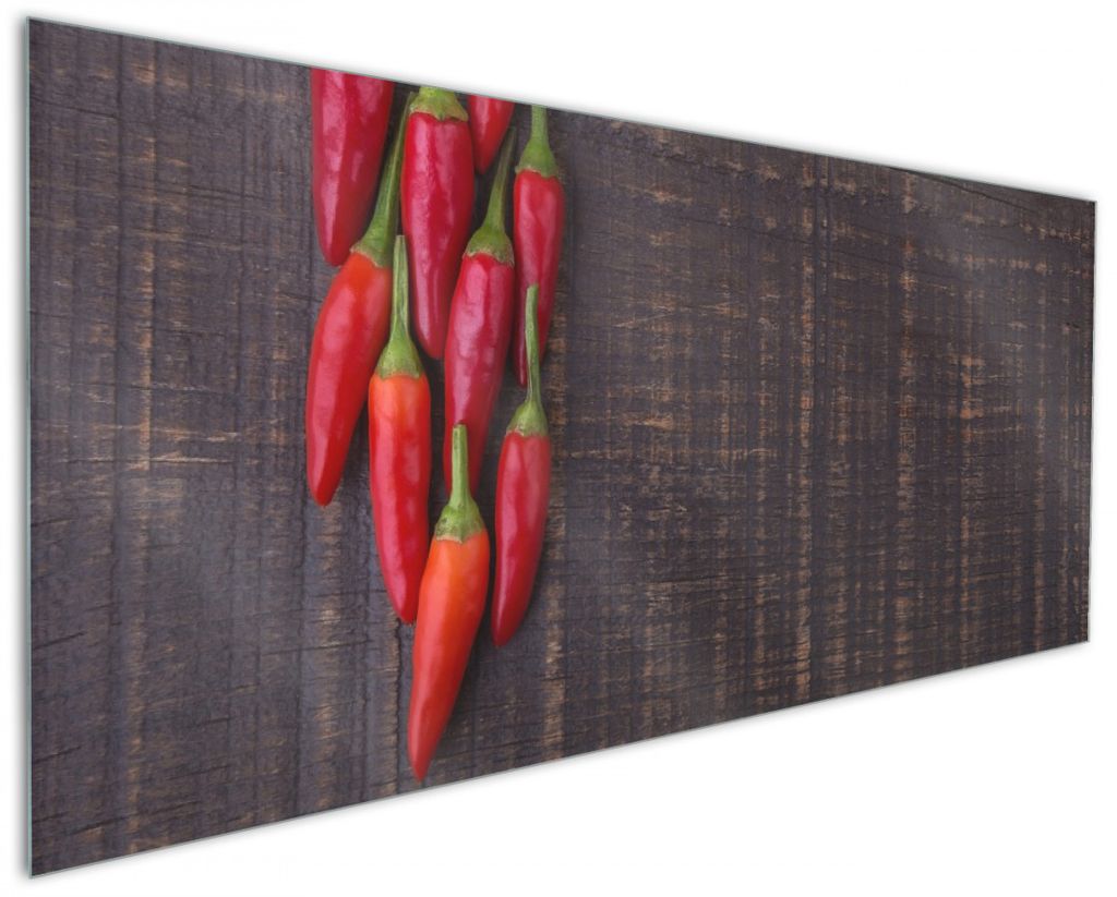 Wallario Küchenrückwand aus Glas, Größe: 125 x 50 cm, Motiv: Rote Paprikaschoten auf einem dunkelbraunem Holzbrett | Spritzschutz | abwischbar ...