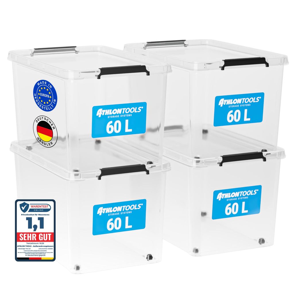 ATHLON TOOLS 4x 60L Aufbewahrungsboxen mit Deckel transparent – 100% Neumaterial - Stapelbare Plastik-Boxen – Lagerboxen