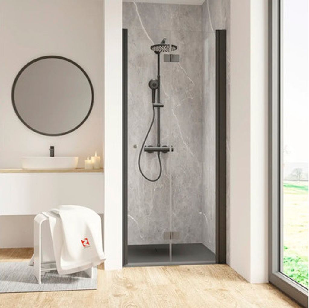 Duschtür in Nische mit Drehfalttür SCHULTE Garant 2.0 ExpressPlus 90 cm Profil schwarz Klarglas schmutzabweisende Glasbeschichtung Türanschlag r...