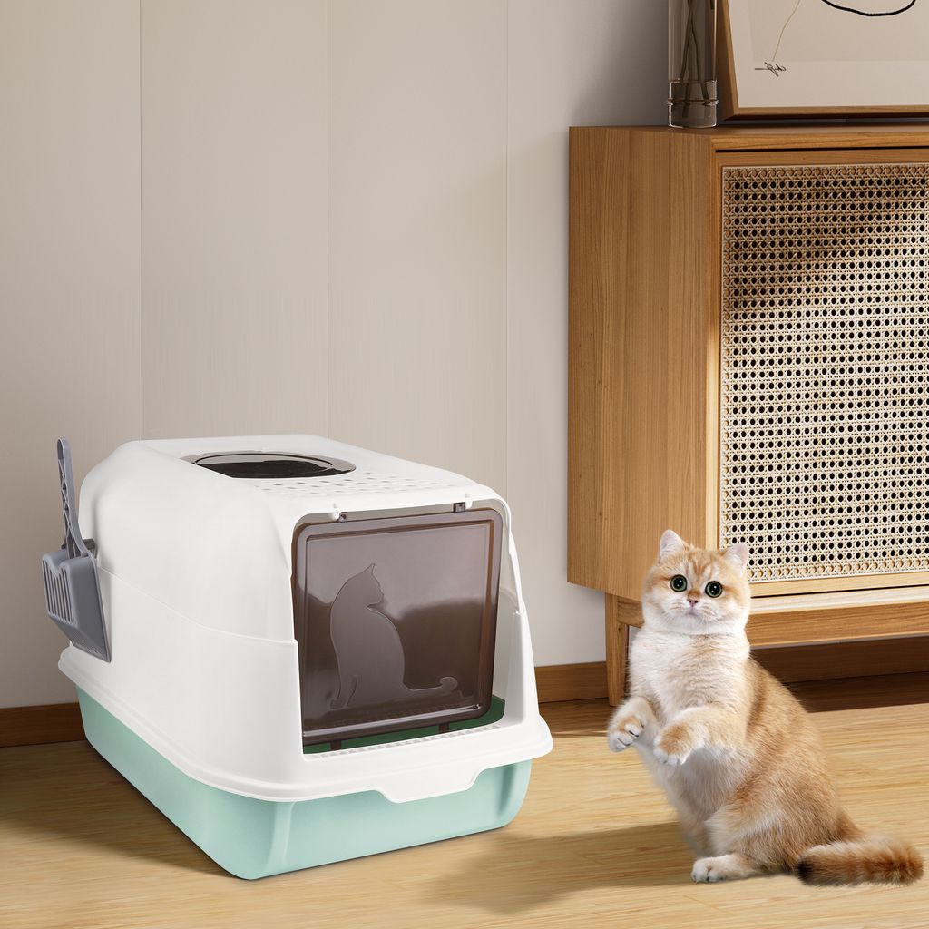 Katzenklo mit Schaufel,Kunststoff Katzentoilette mit Deckel,Cat Litter Box,Abnehmbarer Rand einfache Reinigung für Katzen bis 7 kg 36x51x34cm Blau