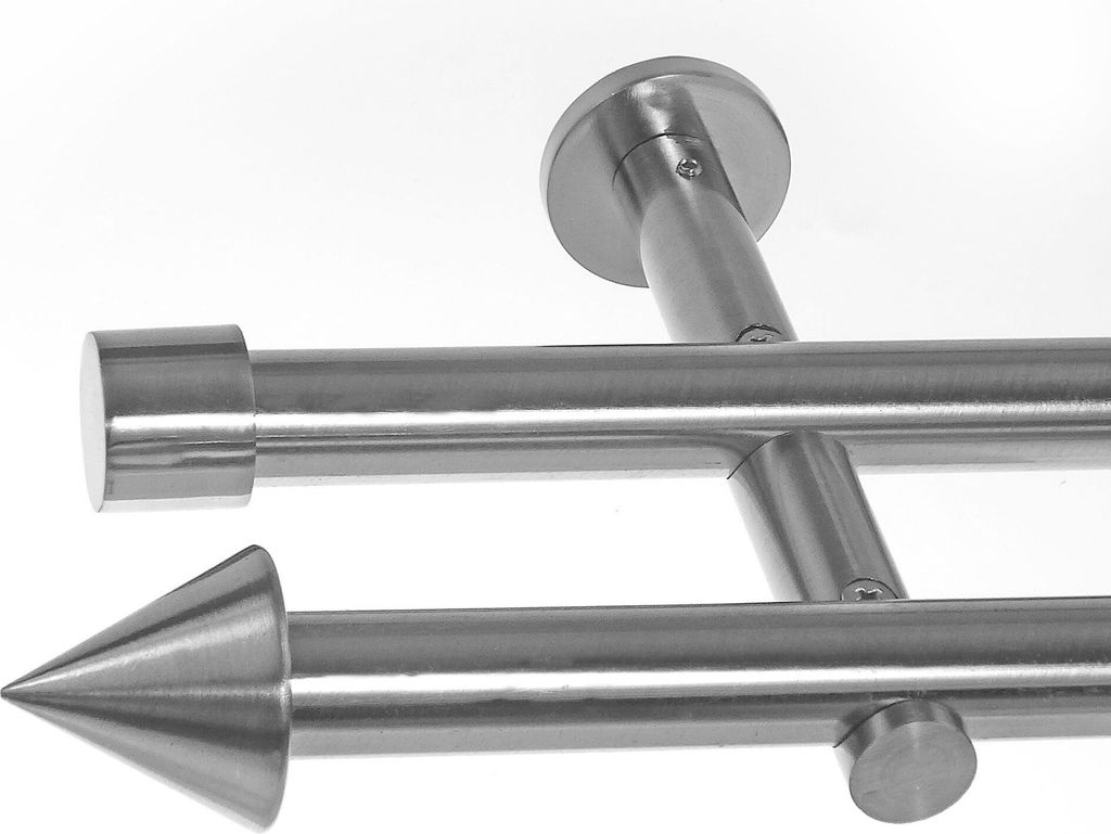 BASIT Gardinenstange Set Edelstahl Look Metall Ø 19mm zur Wandbefestigung 2-lauf Spitze, Länge wählbar H29 E65 E61