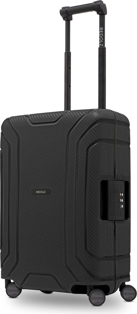 A black trolley suitcase with a telescopic handle and a combination lock.