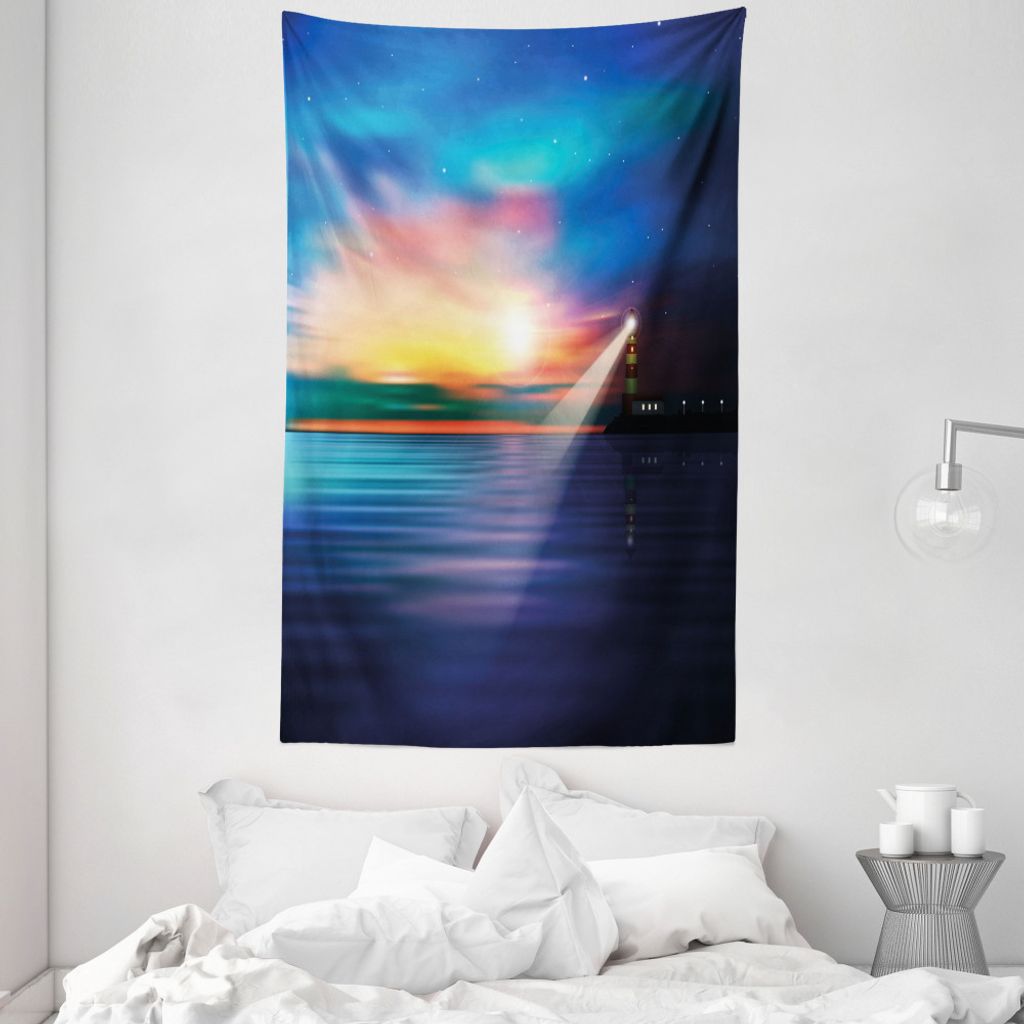 ABAKUHAUS Leuchtturm Wandteppich und Tagesdecke, Majestic Sky Beach aus Weiches Mikrofaser Stoff Waschbar ohne Verblassen Digitaldruck, 140 x 230 c...