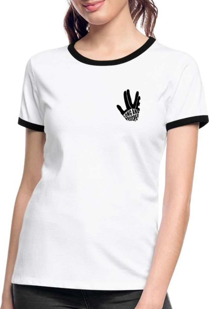 Spreadshirt Star Trek Discovery Vulkanischer Gruß Frauen Kontrast T-Shirt, M, Weiß/Schwarz