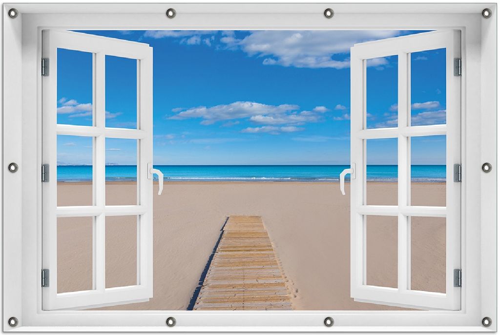 Wallario Outdoor-Poster für Garten oder Balkon 100 x 150 cm: Auf dem Holzweg zum blauen Meer