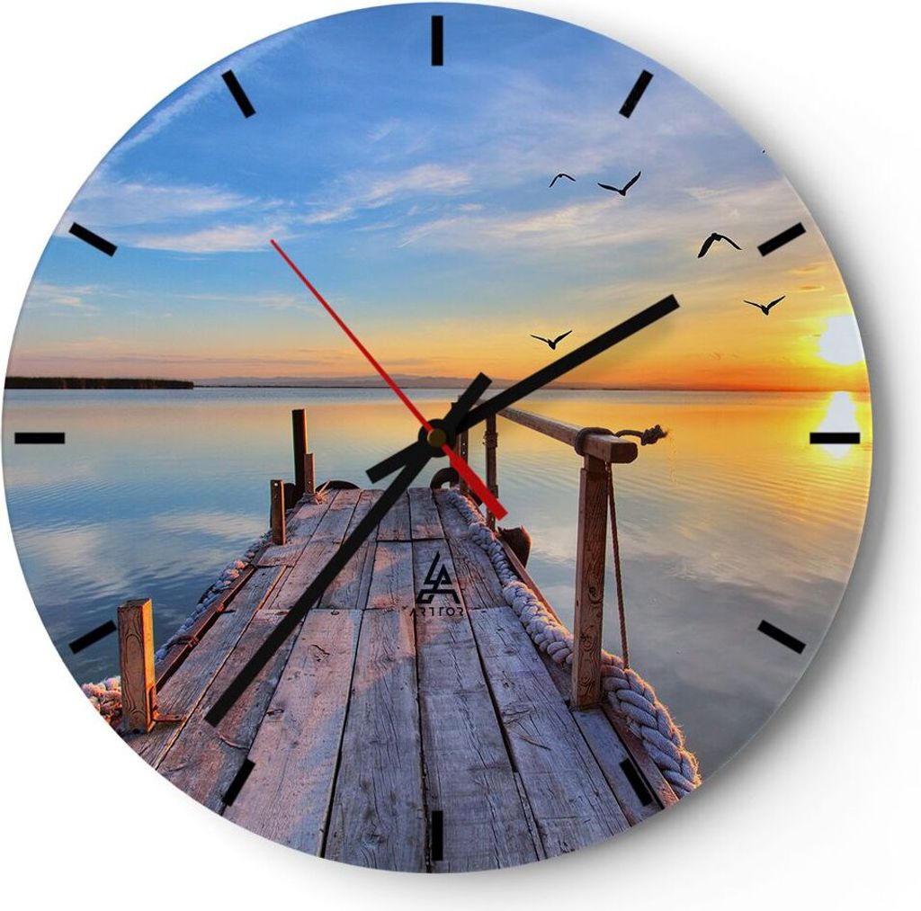 Wanduhr - Rund - Glasuhr - See Natur Brücke Vögel - 40x40cm - Schleichendes Uhrwerk - Lautlos - zum Aufhängen bereit - Dekoration Modern - Wandd...