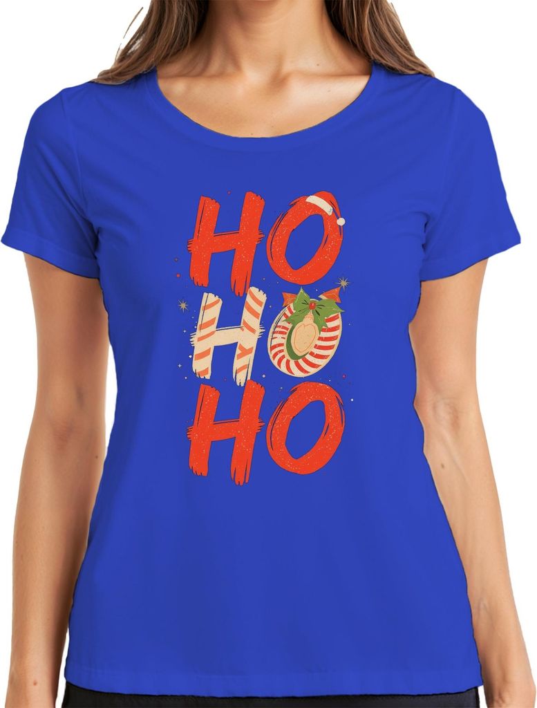 HO HO HO Weihnachten Weihnachtskugel Zuckerstange Retro festlich Damen T-Shirt, Blau, S