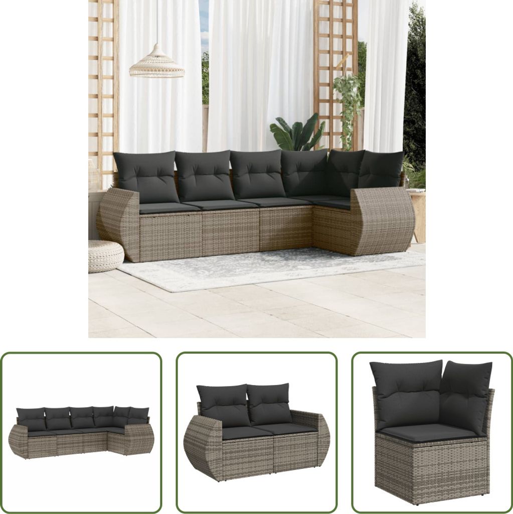 The Living Store 5-tlg. Garten-Sofagarnitur mit Kissen Grau Poly Rattan